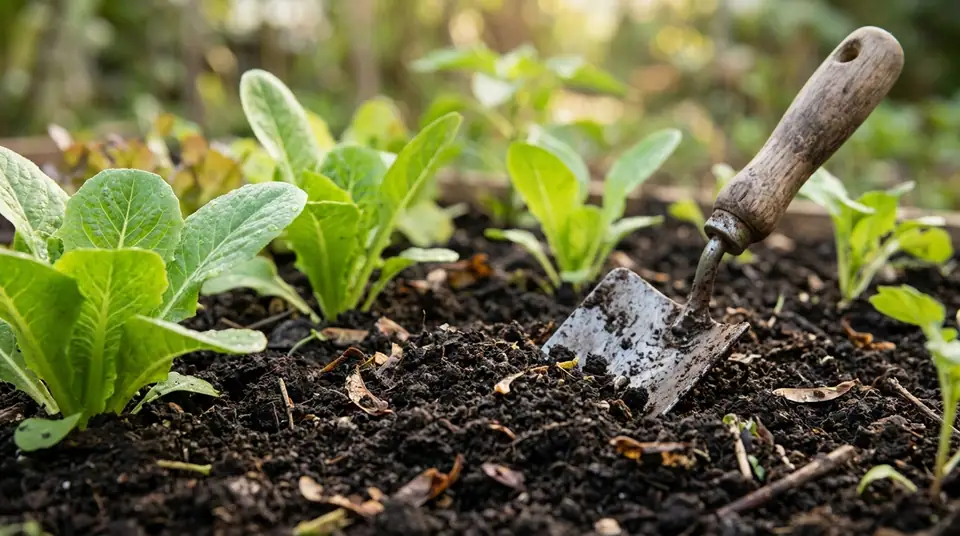 Garden trowel stuck in dark compost soil beside young leafy greens
