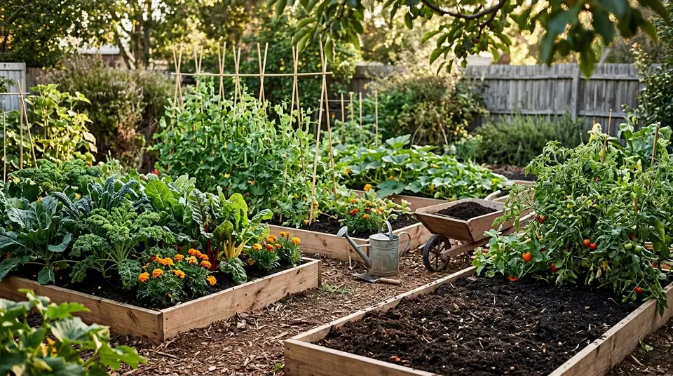 Raised garden beds filled with dark compost and lush green vegetables
