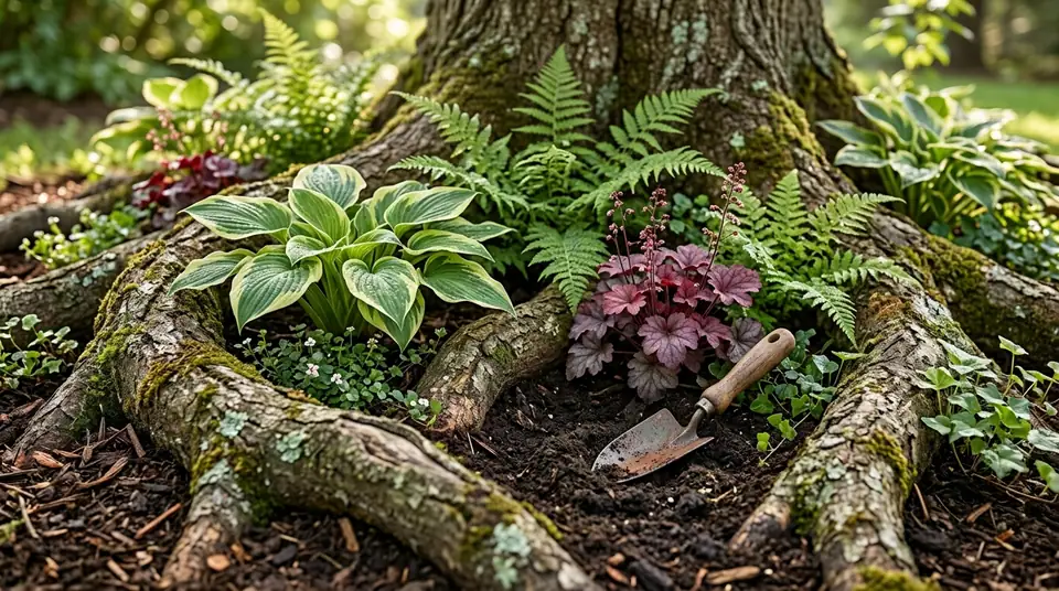Hostas and ferns planted between the thick roots of a large tree with a small trowel resting in the dirt