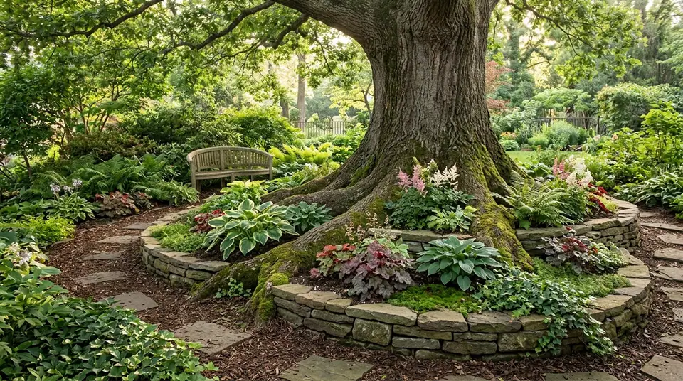 Low stone retaining walls holding garden beds around a large tree trunk