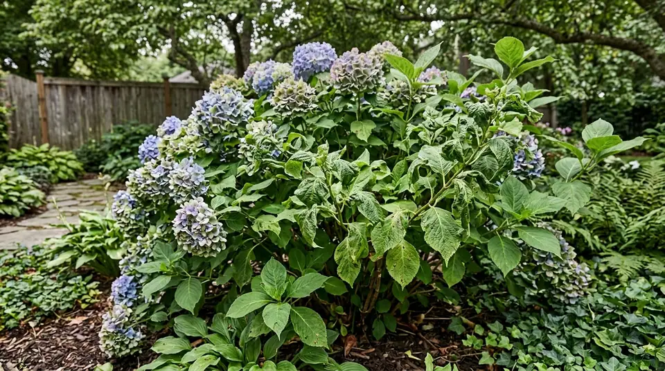 Lush hydrangea shrub with drooping blooms and curled leaves in a garden bed