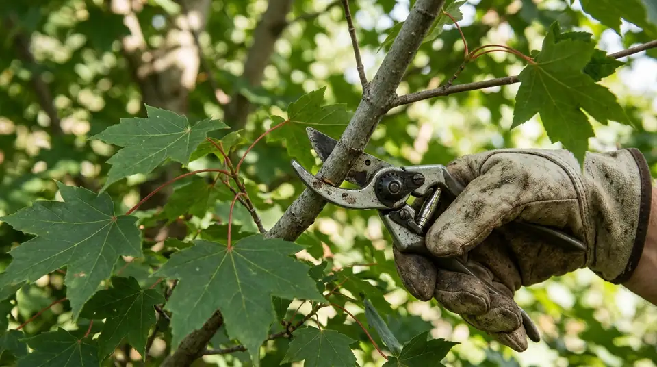 Gloved hands using pruners to cut a branch on a green maple tree