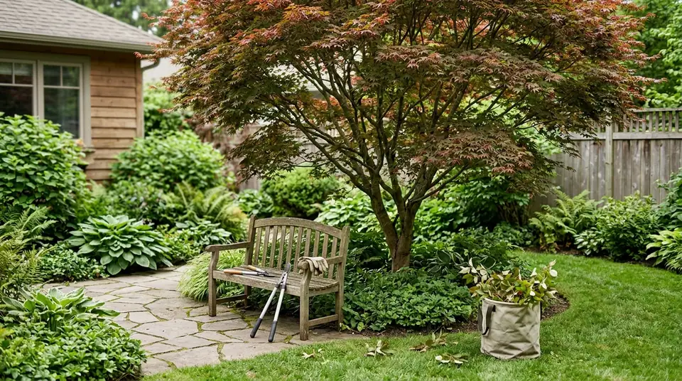 Pruning tools and a yard bag near a Japanese maple tree in a garden