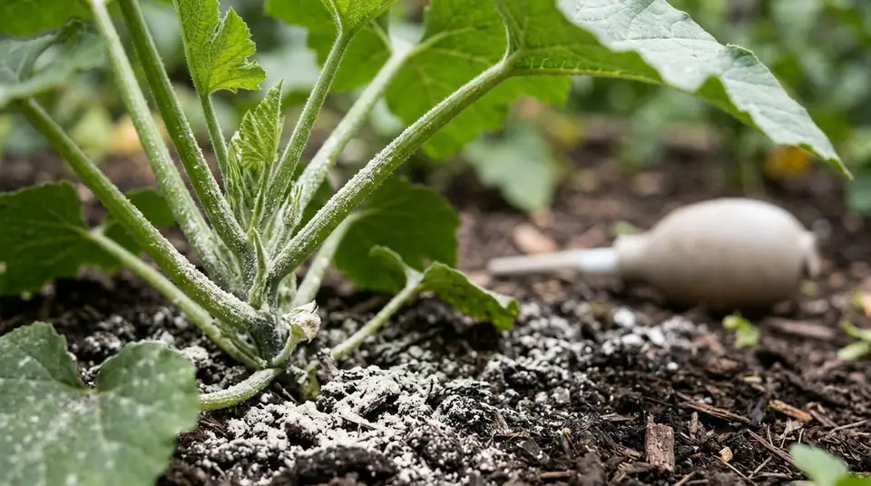 Green plant dusted with white powder in a garden bed with a duster on the soil