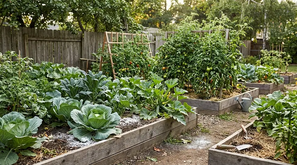 Raised garden beds with leafy vegetables dusted in white diatomaceous earth powder