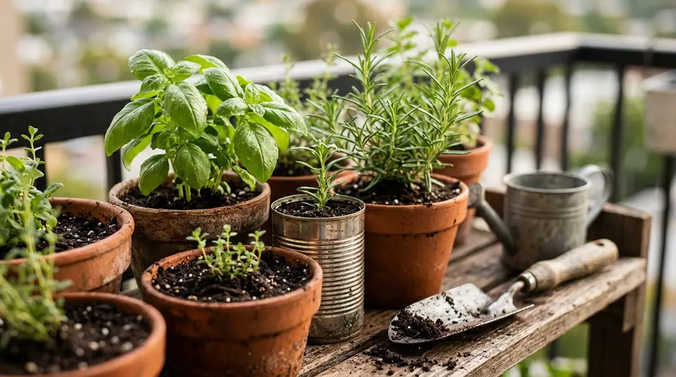Various potted herbs including basil and rosemary arranged on a wooden balcony shelf with a trowel