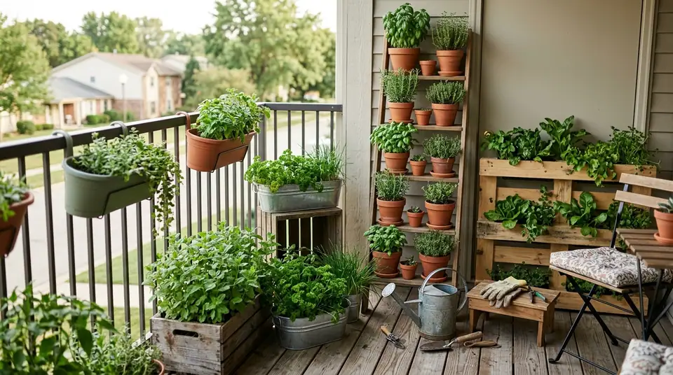 Potted herbs arranged on a balcony railing, ladder shelf, and wooden pallet