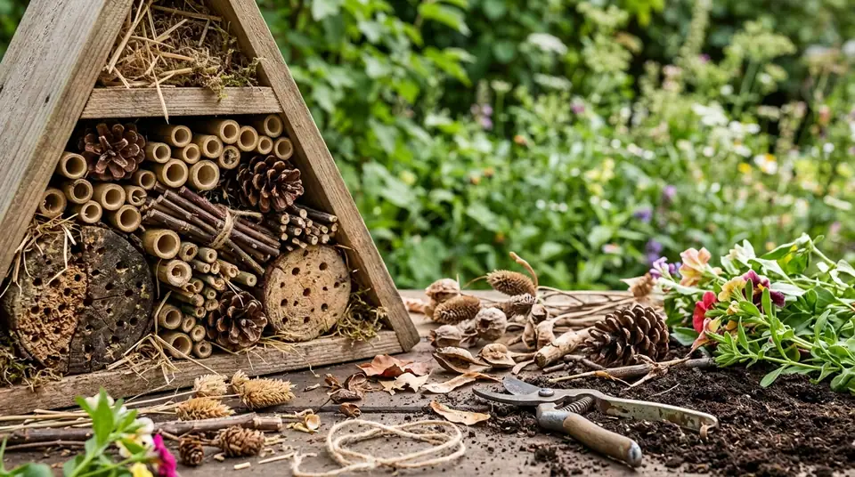 Wooden insect hotel filled with bamboo, pinecones, and twigs sitting on a garden table with pruners