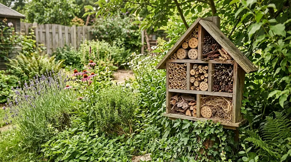 Wooden insect hotel nestled among lush garden foliage with lavender and coneflowers