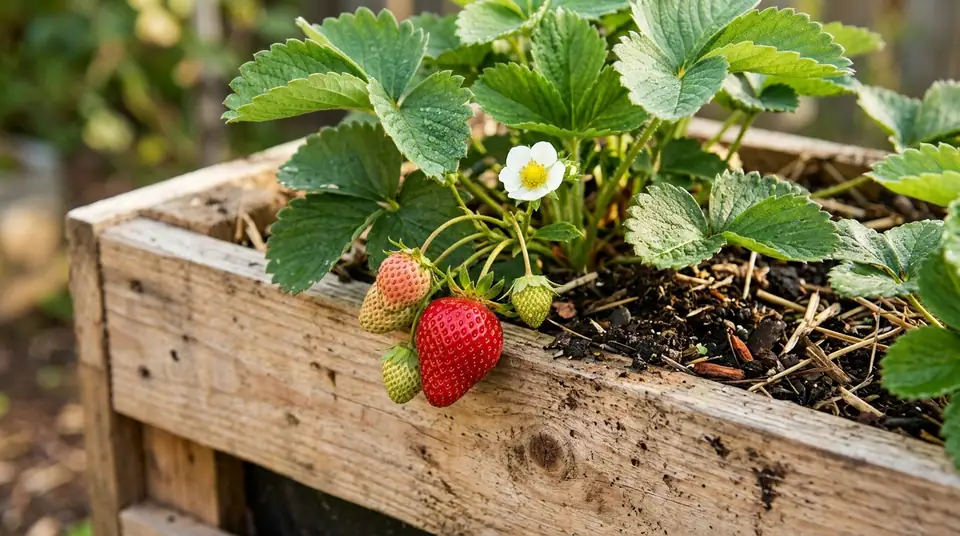 Ripe and unripe strawberries hanging over the edge of a rustic wooden planter