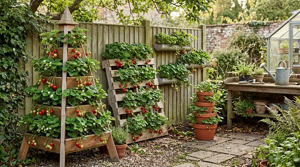 Pyramid, pallet, and stacked pot planters filled with strawberry plants in a garden