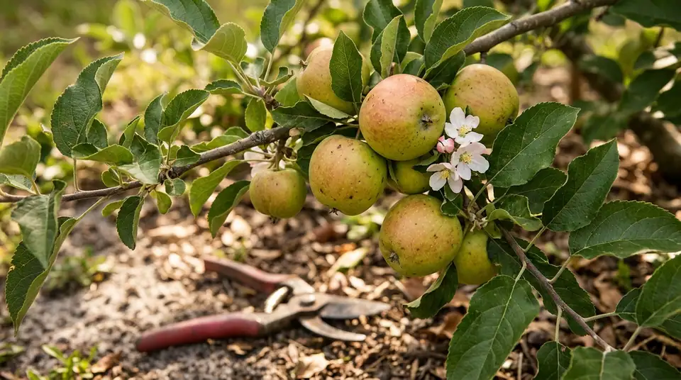 Green and red apples and white blossoms on a branch with pruning shears on the ground