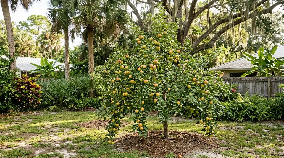 Apples growing on a young tree in a Florida garden