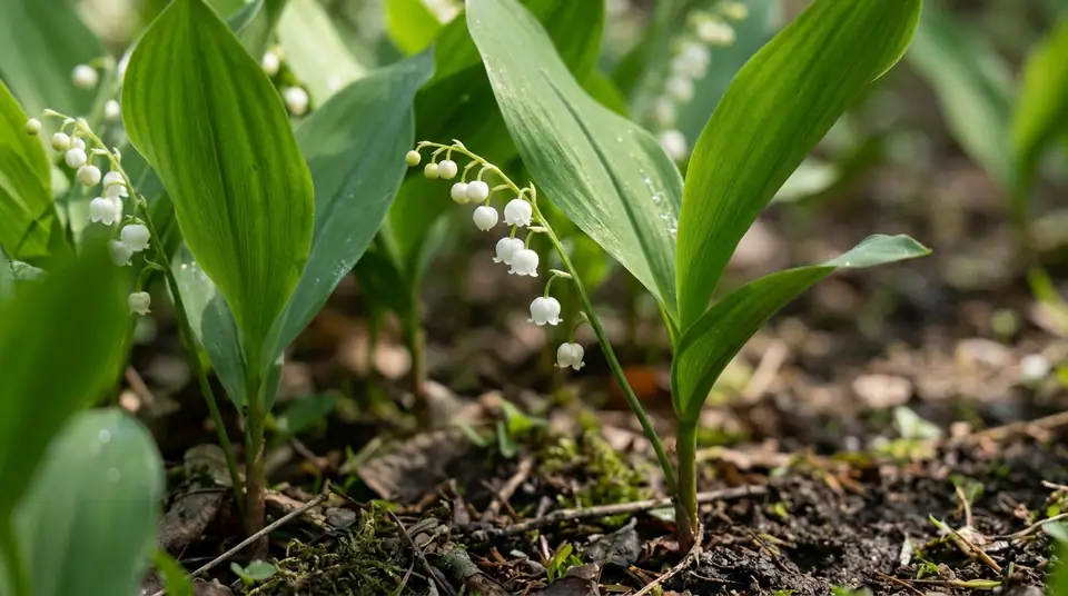 Lily of the valley plants with nodding white bell shaped flowers and broad green leaves growing in dark soil