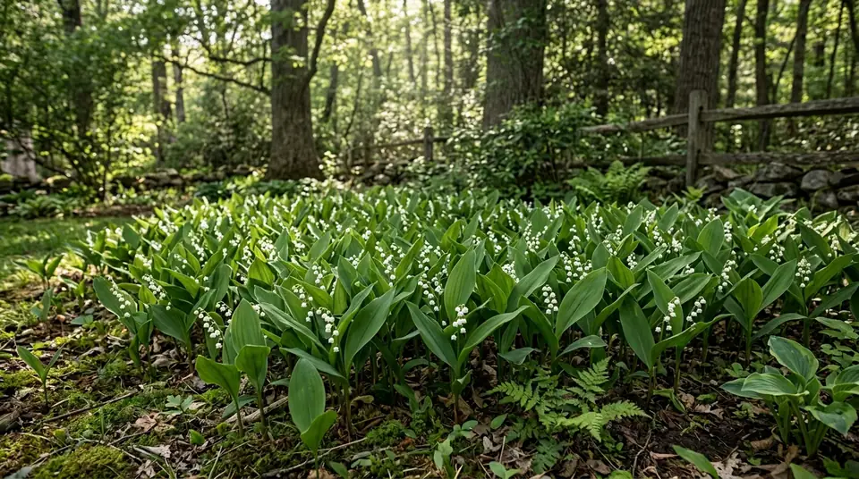 Lush patch of blooming lily of the valley plants in a woodland setting