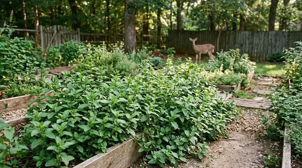 Lush green mint plants growing in a raised wooden garden bed with a deer standing in the background