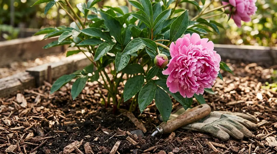 Pink peony plant growing in a garden bed with mulch and gardening gloves