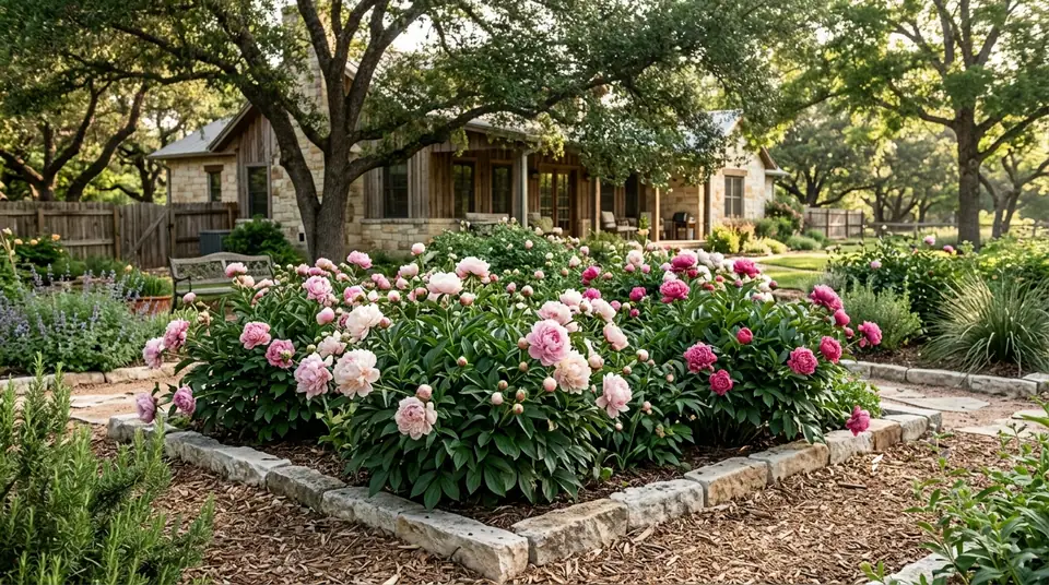 Lush pink and white peonies blooming in a stone garden bed before a rustic Texas home
