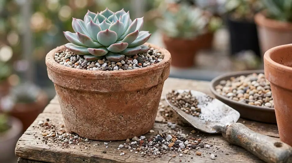 Green succulent in a terracotta pot with a trowel and perlite soil on a wooden table