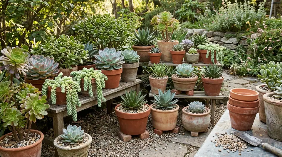Various potted succulent plants arranged on wooden benches and shelves in a garden