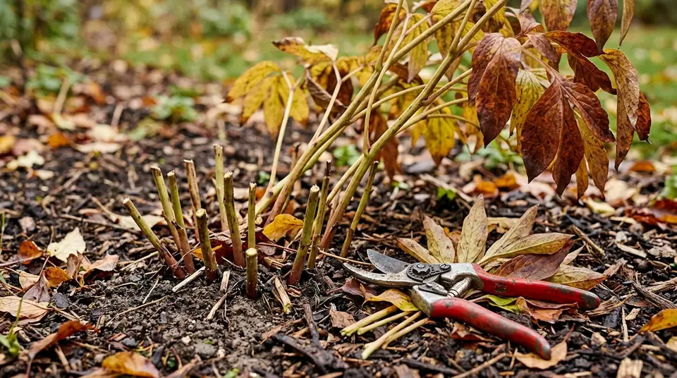 Pruners beside a peony plant being cut back in a garden bed with fallen leaves