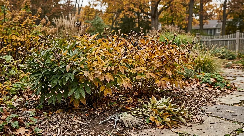 Peony bush with autumn foliage beside garden pruners and gloves on mulch