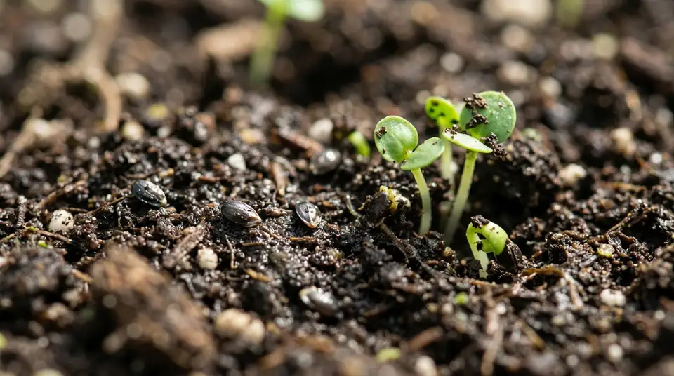 Tiny green basil seedlings sprouting from dark, moist soil with scattered seeds