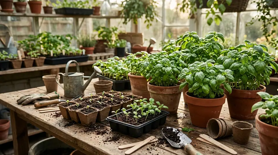 Young basil seedlings and potted plants on a wooden greenhouse potting bench