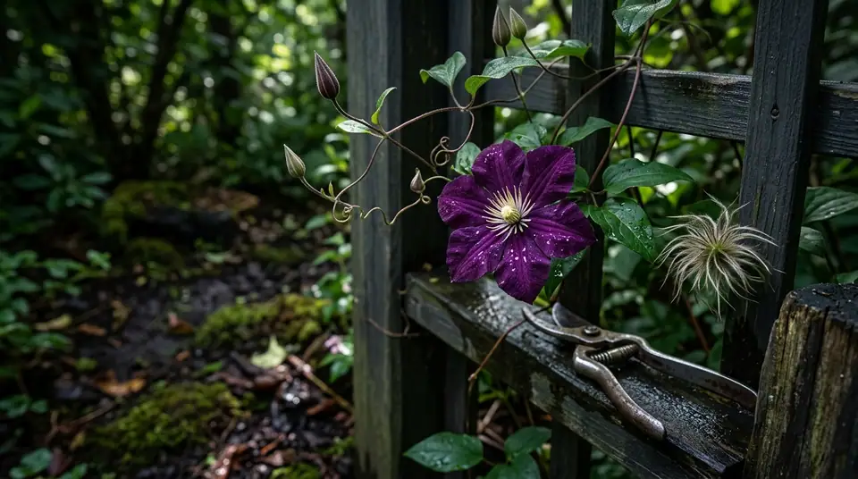 Dark purple clematis vine with buds and seed heads climbing a shaded wooden trellis with pruning shears resting below