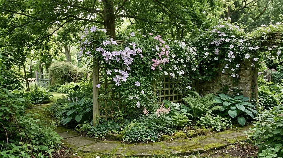 Light purple clematis blooms climbing a wooden trellis in a shady garden