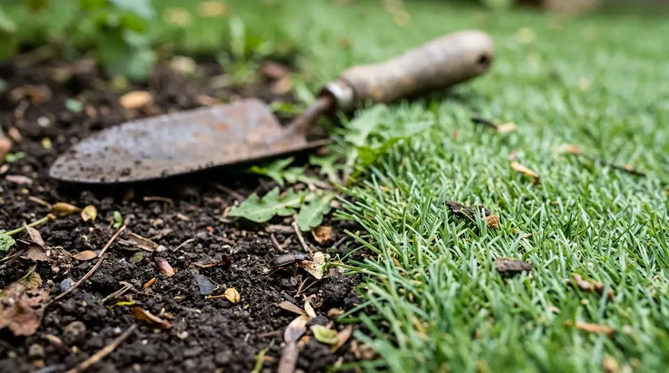 A garden trowel lying in soil beside fake grass and a small bug