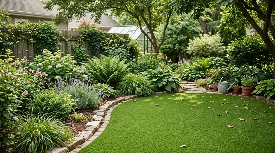 Lush artificial grass lawn bordered by stone edging and diverse garden plants