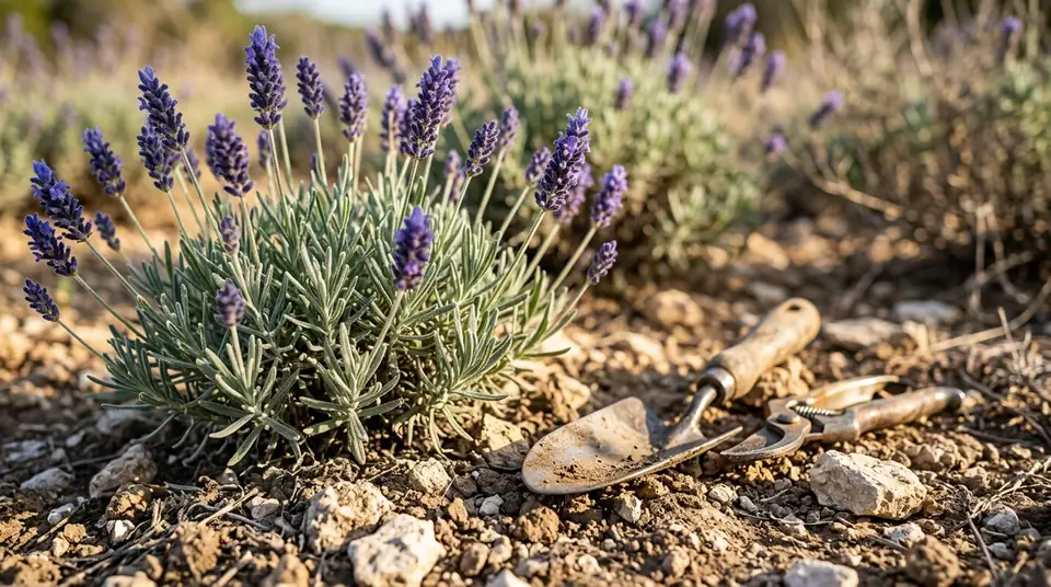 Lavender plant growing in rocky soil next to a trowel and pruners