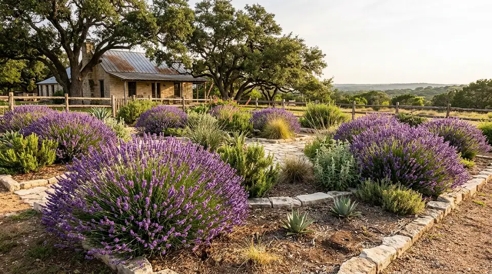 Lush purple lavender bushes blooming in a sunny garden bed before a rustic stone house