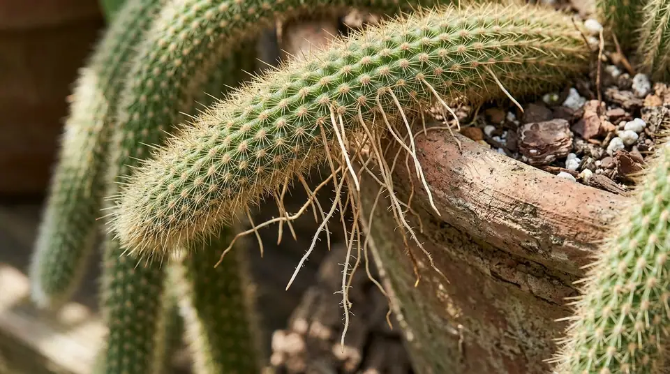 Thin aerial roots growing along the trailing stems of a potted dog tail cactus