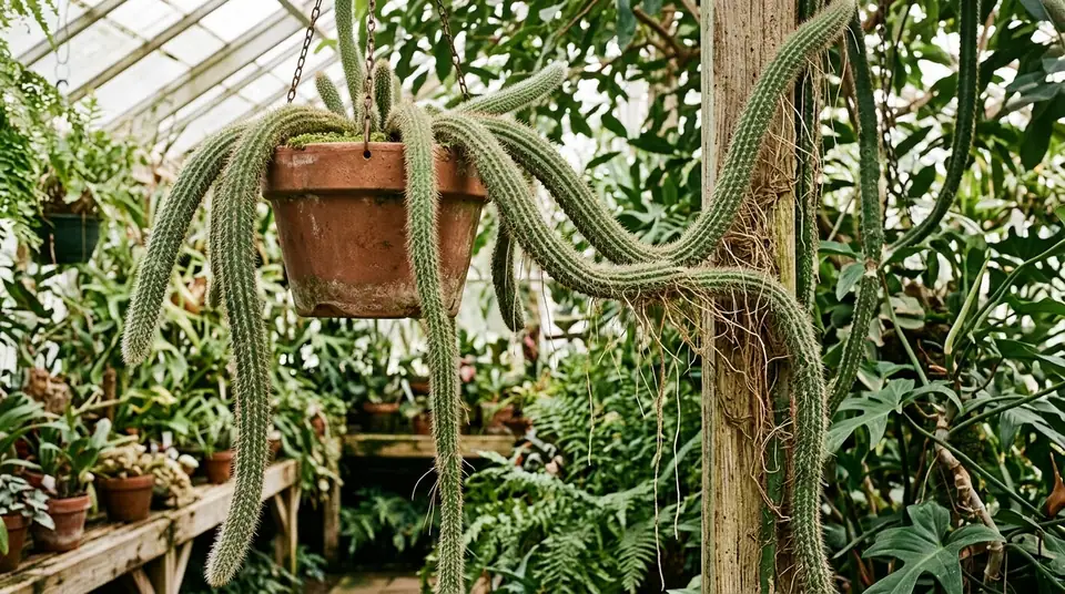 Long stems of a hanging dog tail cactus showing aerial roots in a greenhouse