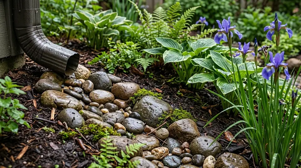 Rainwater flowing from a metal downspout onto a dry creek bed of smooth river rocks surrounded by garden plants