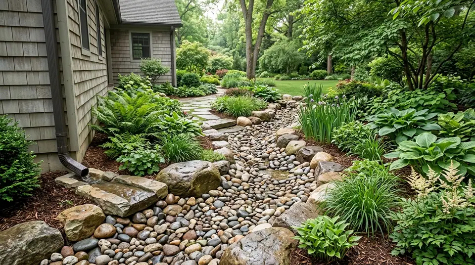Rainwater flowing from a house downspout into a stone drainage bed bordered by lush ferns and hostas