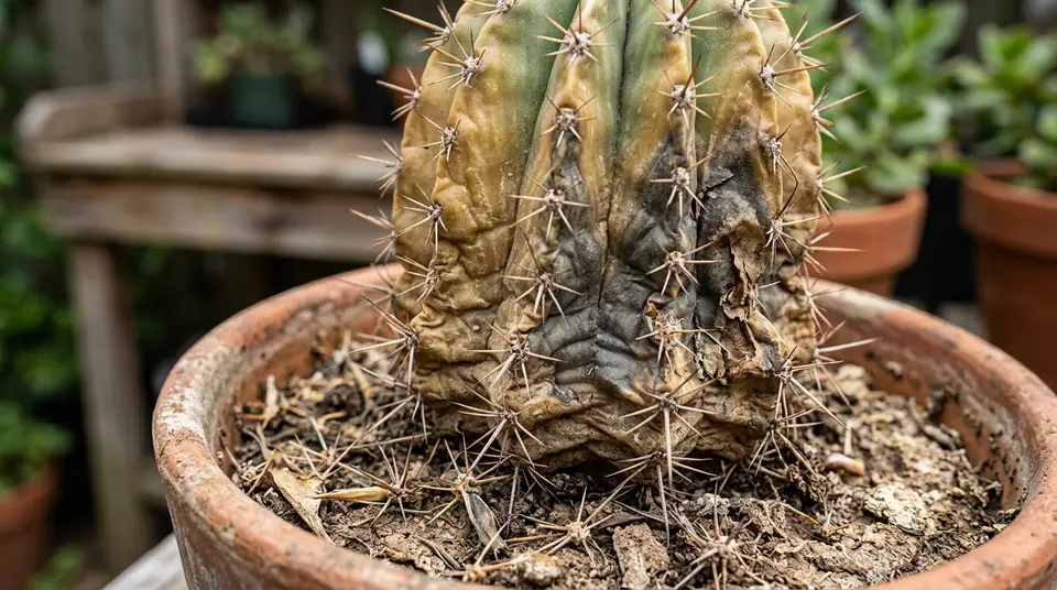 Wrinkled and rotting dying cactus in a terracotta pot with dry soil