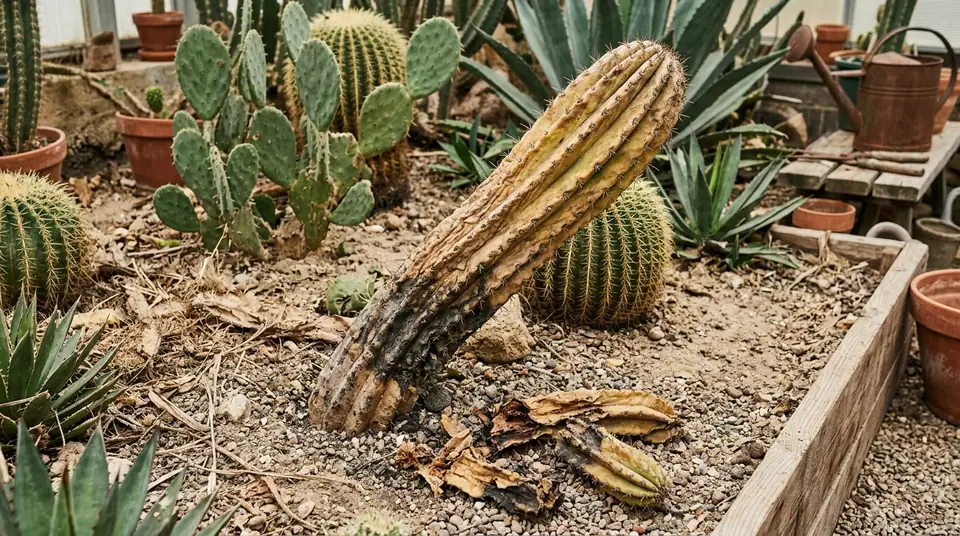 Shriveled and rotting cactus leaning in a greenhouse bed