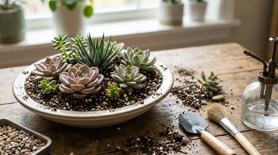 Assorted indoor succulents planted in a ceramic bowl on a wooden workbench with gardening tools