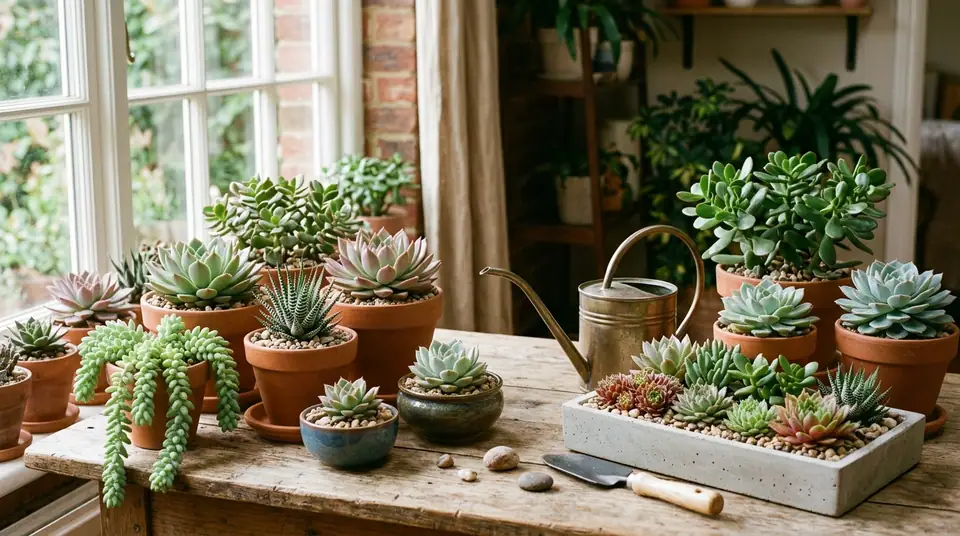 Various indoor succulents in pots arranged on a wooden table near a window