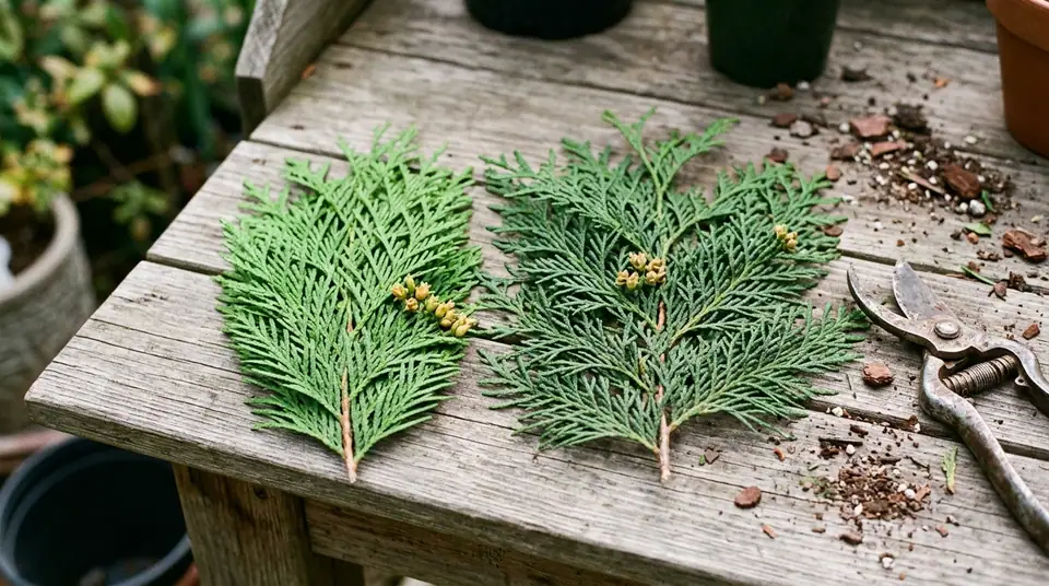 Freshly cut arborvitae foliage branches and pruners on a weathered wooden potting bench