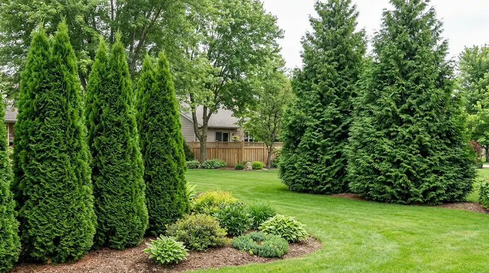 Tall Emerald Green Arborvitae and Thuja Green Giant trees in a grassy suburban yard