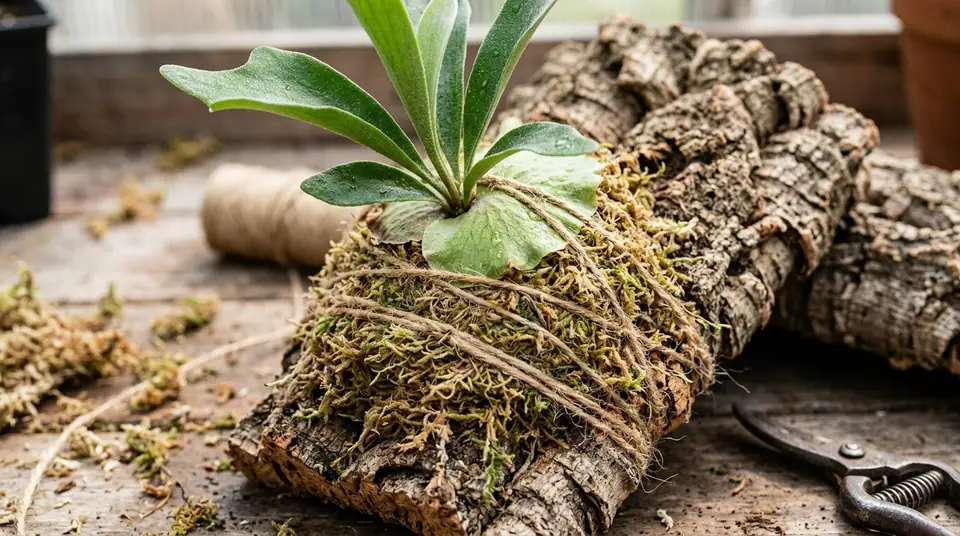 Staghorn fern mounted on bark with moss and twine on a workbench