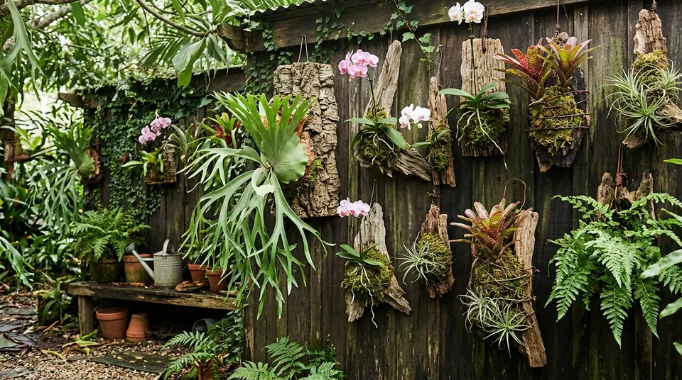 Epiphytic plants mounted on bark and wood hanging on a wooden wall