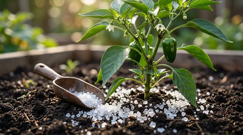 A small pepper plant surrounded by scattered Epsom salt crystals and a metal scoop in garden soil