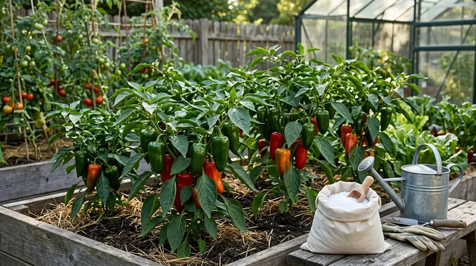 Pepper plants growing in a garden bed with a bag of salt and watering can on a bench