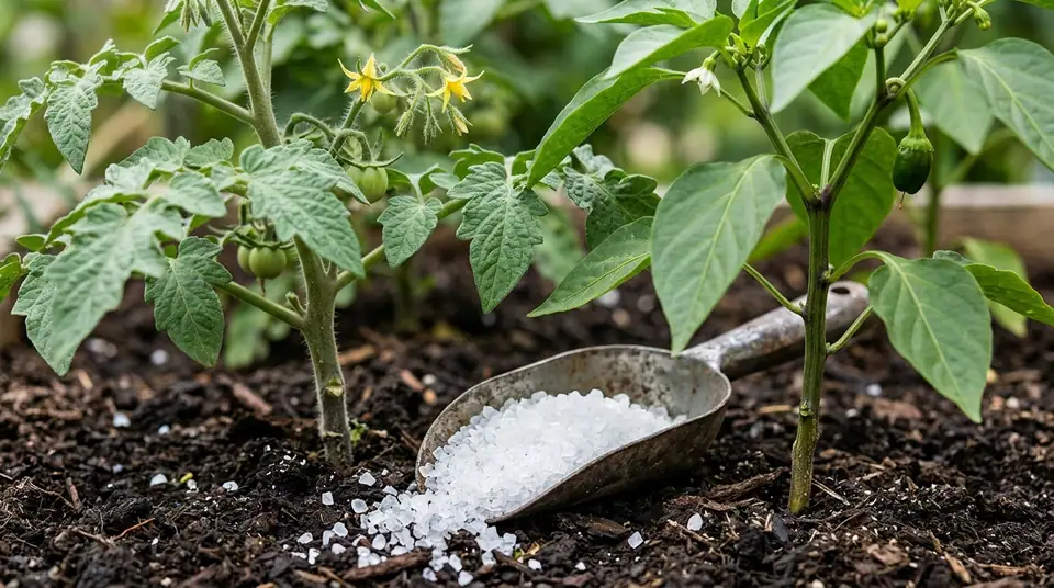 Metal garden trowel filled with white Epsom salt crystals resting on soil between pepper and tomato plants