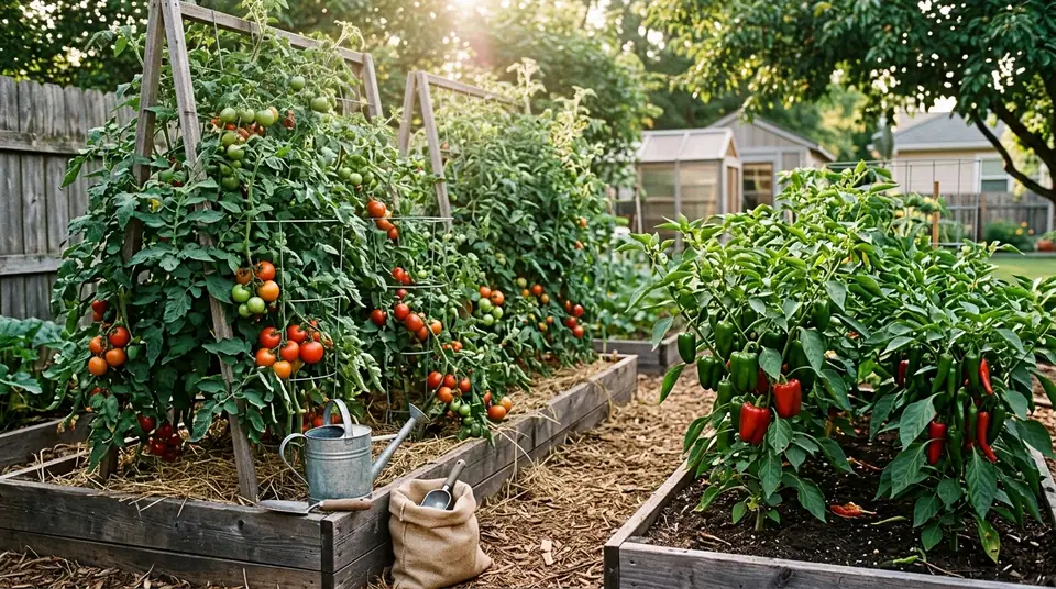 Tomato and pepper plants growing in backyard raised garden beds